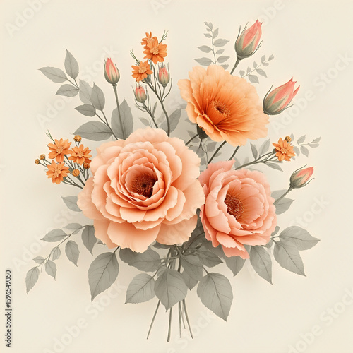  Vintage Peach Roses Floral Bouquet