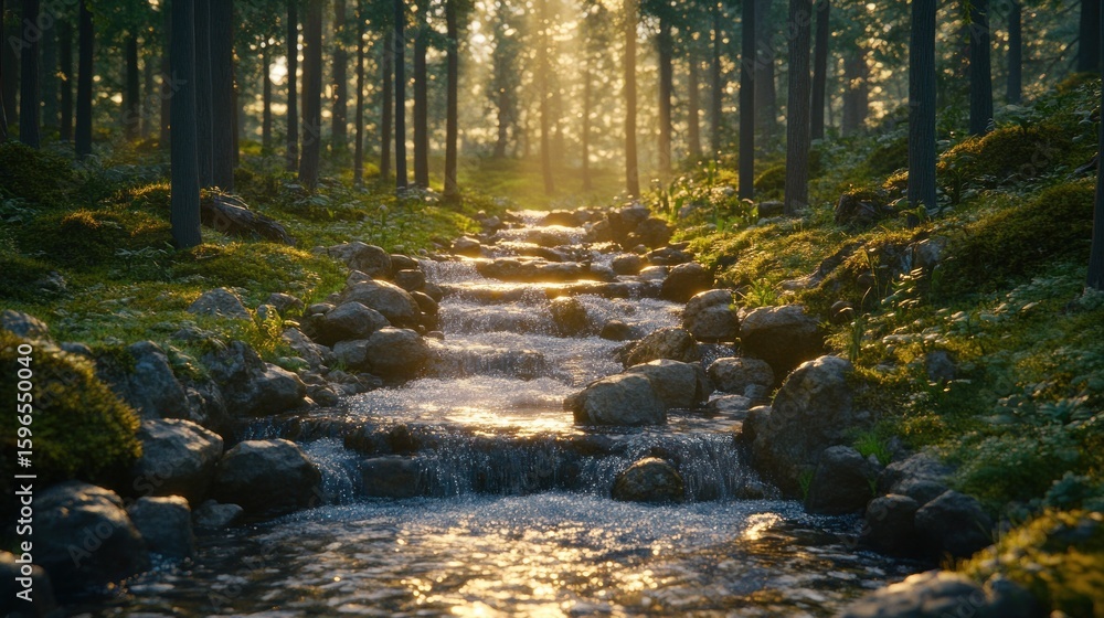 Obraz premium Sunlit forest stream cascading over rocks