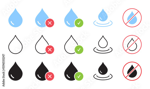 Water colorful icons set. Drop, liquid, droplet symbol. Nature element. Vector illustration. Editable stroke. Flat design. Isolated on a white background.