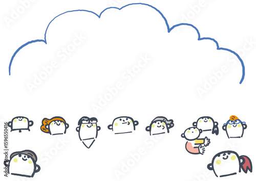 大きな入道雲を見あげる家族と事務所の人々　セットのストックイラスト素材
