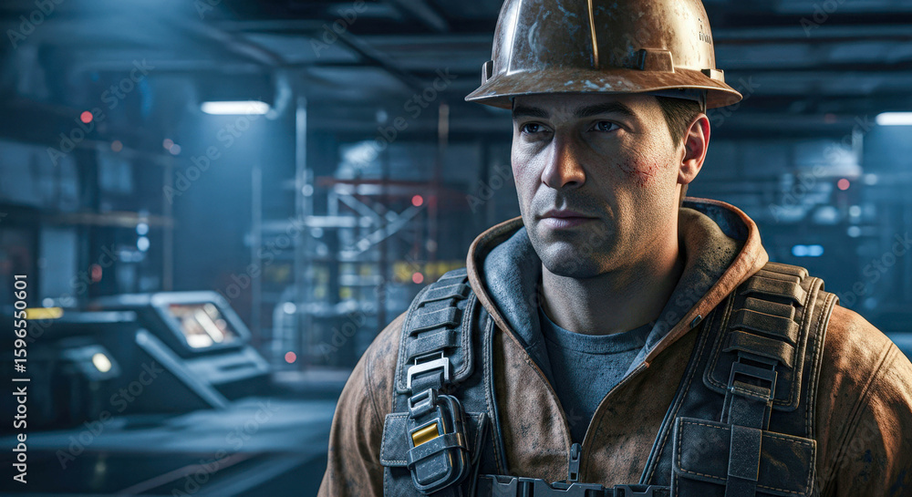 Fototapeta premium Close up portrait of a serious builder. Professional man in hardhat and work attire. Concept of construction, industry, and blue collar worker.