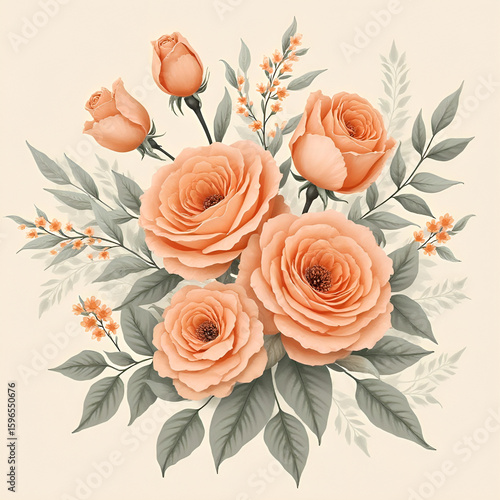  Vintage Peach Roses Floral Bouquet