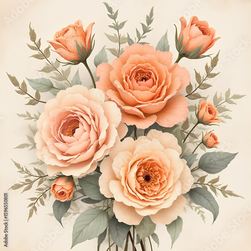  Vintage Peach Roses Floral Bouquet