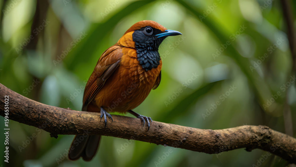 Chestnut Bellied Laughingthrush Bird Perched on Branch in Rainforest, Showcasing Vibrant Plumage and Distinctive Markings Against Lush Green Backdrop Chestnut Bellied Laughingthrush Bird Perched on Branch in Rainforest, Showcasing Vibrant Plumage and Distinctive Markings Against Lush Green Backdrop