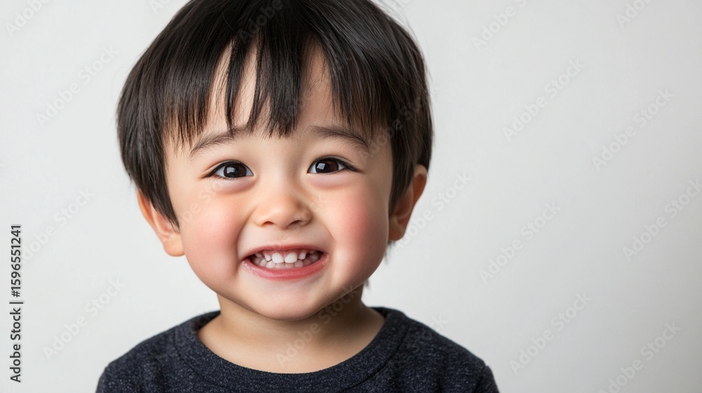 Adorable young child with bright smile and black hair, wearing a dark gray sweater, radiating pure joy and innocence against a soft neutral background Adorable young child with bright smile and black hair, wearing a dark gray sweater, radiating pure joy and innocence against a soft neutral background
