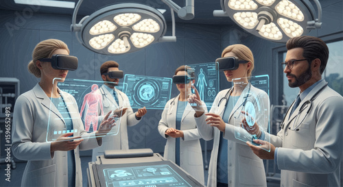 Medical team in a futuristic operating room using VR technology to collaborate on a virtual patient.