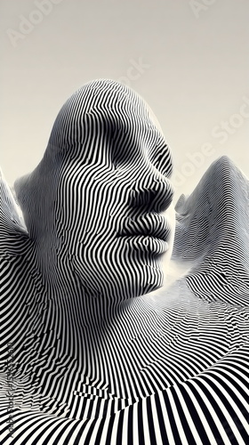 Artistic representation of a human face blended into striped landscape during a creative digital art session