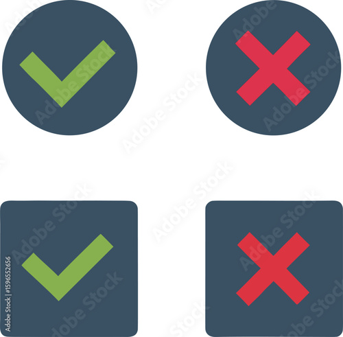 Green checkmarks and red crosses in circles and squares x mark
