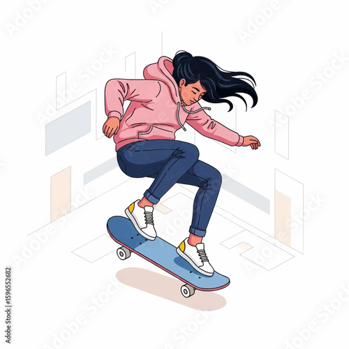 A young woman stylishly executes a skateboarding trick mid-air, showcasing dynamic movement and urban flair.