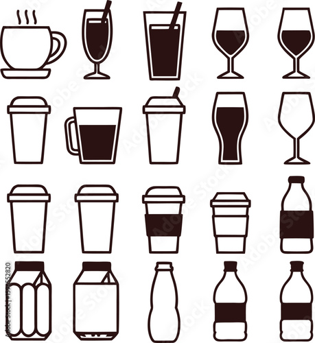 Various beverages in cups glasses and bottles drink