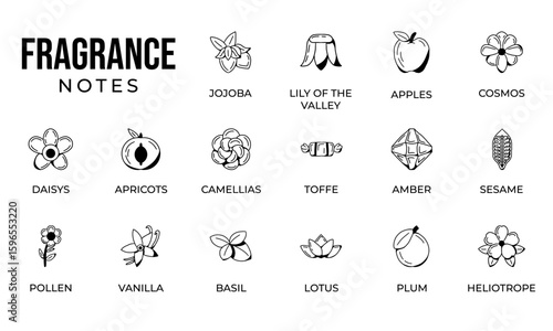 Notes fragrance icon set, notes perfume icon set,  notes ingredients icon set, hand drawn icon set design