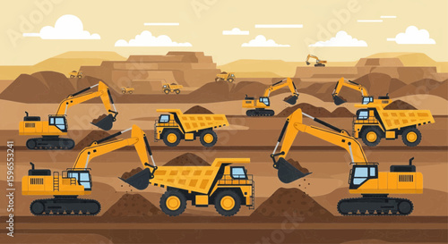Several excavators and dump trucks work in a large open-pit mine, moving earth and materials.