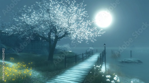 Serene moonlit scene featuring a wooden dock extending from a lakeshore towards a blossoming tree near a cottage, bathed in soft, ethereal light
