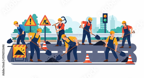 Construction workers in yellow helmets and overalls repairing a road, using shovels.