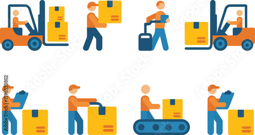 Delivery and logistics icon collection with stick figure, silhouette and flat style