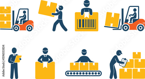 Delivery and logistics icon collection with stick figure, silhouette and flat style