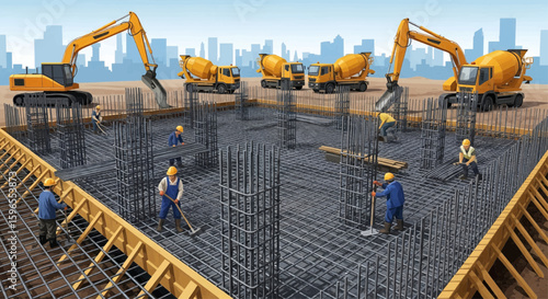 Construction site with workers building a foundation, using heavy machinery and rebar.