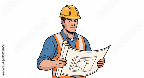 Construction worker reviewing blueprints, focused expression, safety gear.