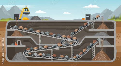 Underground mining operation showcasing conveyor belts transporting extracted rocks and ore.