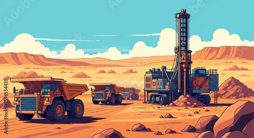 Mining equipment in a desert landscape, showcasing heavy machinery and transportation.