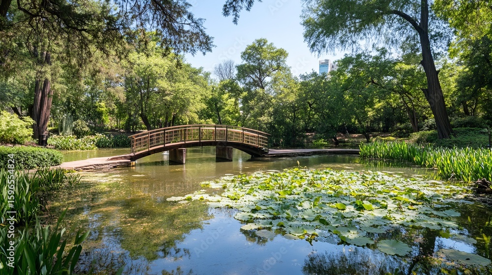 Fototapeta premium Serene park scene with wooden bridge over tranquil pond, lush greenery, and water lilies