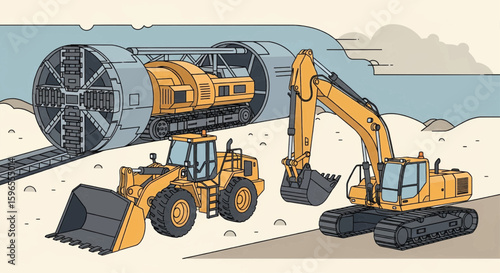 Heavy machinery, including a tunnel boring machine, excavator, and wheel loader, operate during a large-scale construction project.