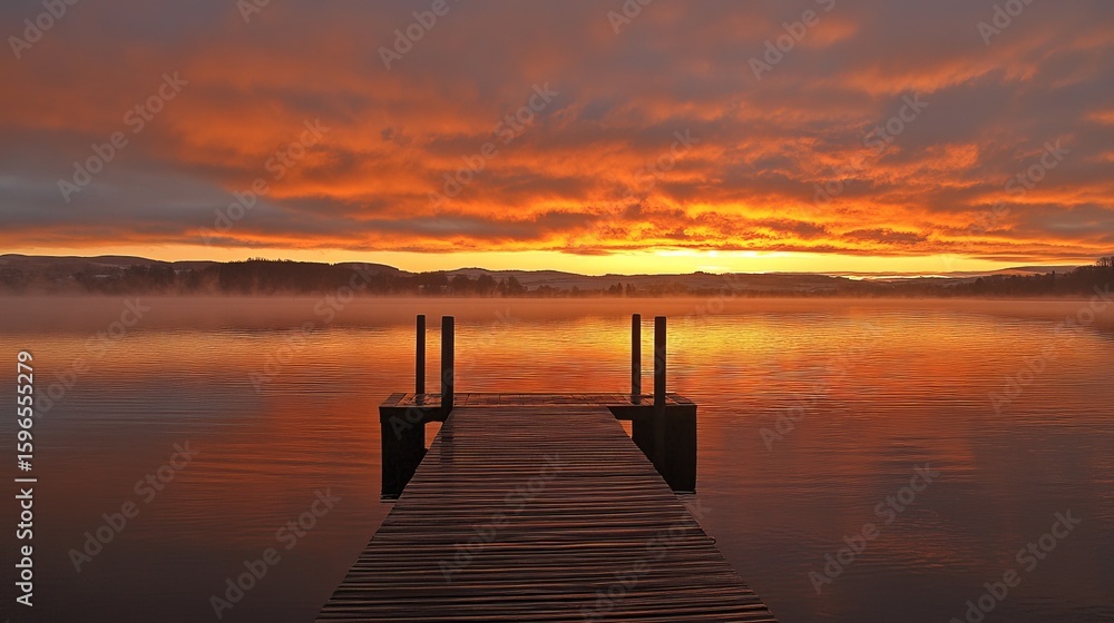Obraz premium Serene sunrise over a misty lake, reflected in still waters, with a small wooden dock extending into the calm