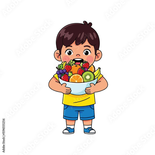 A young child happily holding and eating a large bowl of fresh, colorful fruit.