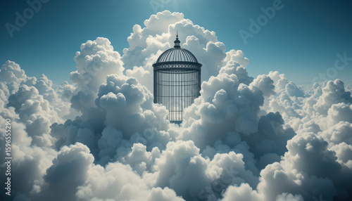 Birdcage in White Fluffy Clouds on Bright Blue Sky Background