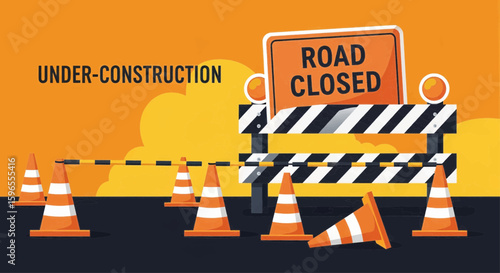 Road closure announcement with construction barriers, cones, and a "Road Closed" sign indicating ongoing roadworks.