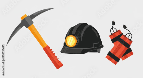 Mining equipment: pickaxe, hard hat with lamp, and dynamite sticks.