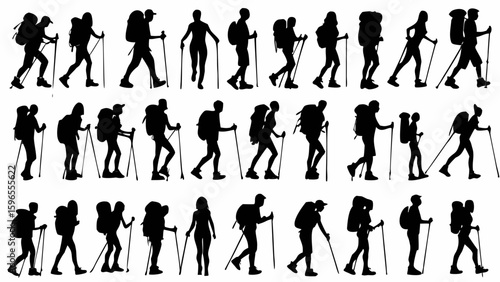Silhouette depictions of hikers with backpacks and trekking poles in various poses and perspectives