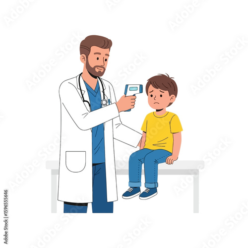 A doctor uses a forehead thermometer to check a child's temperature during a medical examination.