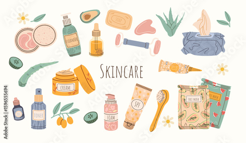 Cosmetic beauty products in bottles, jars set. Body, face care, skincare hygiene essences. Cream, foam for washing, scrub, soap, sheet mask, spf spray, serum. Skincare routine concept. Vector design