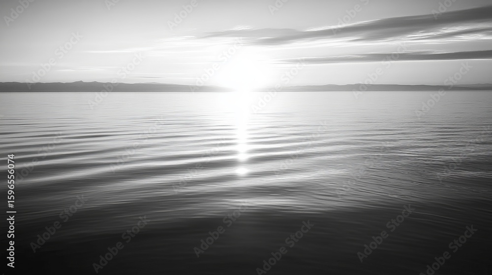 Fototapeta premium Serene sunset over calm water, sun's reflection shimmering on gentle waves, tranquil horizon