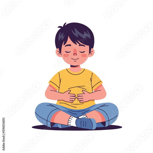 Young boy peacefully meditating in a cross-legged seated position, eyes closed, hands resting gently on his lap.