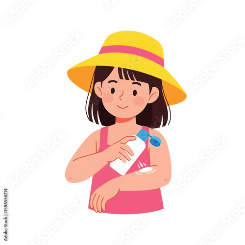 Girl applying sunscreen lotion, summer protection, sun hat, healthy skin.
