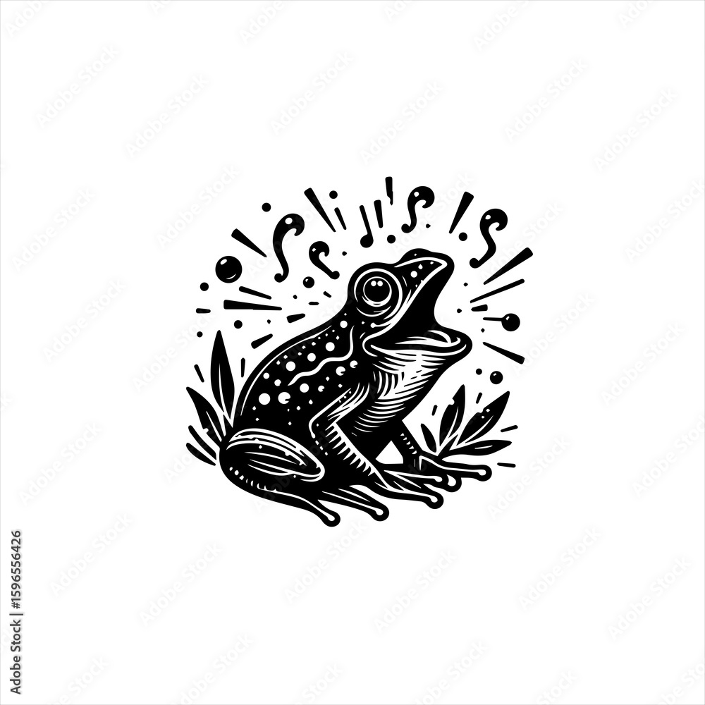 Fototapeta premium Black and White Frog Singing with Musical Notes.