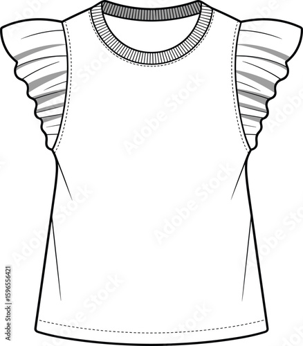  Women's Ruffled Sleeve Top Outline, Fashion Blouse Design, Flutter Sleeve Apparel Mockup, Customizable Feminine Garment Template, Stylish Vector Illustration for Clothing Brands.