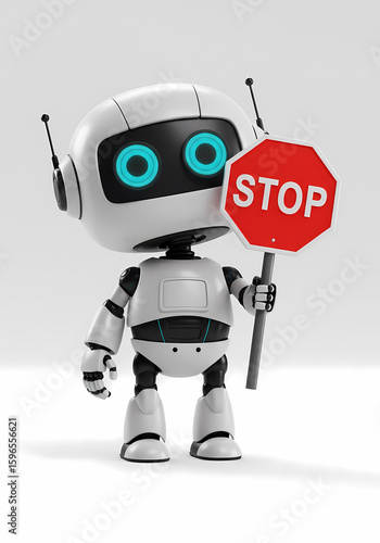 A cute, small robot holds a stop sign, conveying a message of caution or halt.