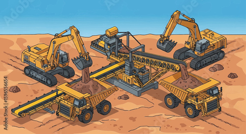 Heavy machinery excavates and transports earth in a quarry or mining operation.