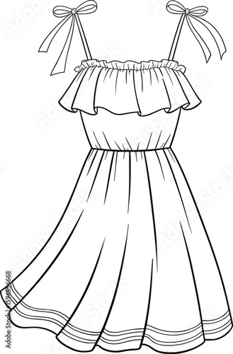 Women's Ruffled Sundress Outline, Tie-Shoulder Straps Design, Flowy Summer Dress Apparel Mockup, Customizable Fashion Garment Vector, Beachwear Illustration for Clothing Brands.