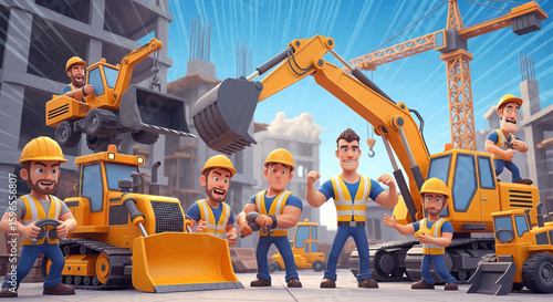 Cartoon construction workers and heavy machinery on a bustling construction site.