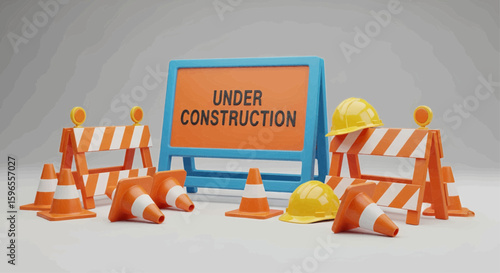 3D rendering of an under construction sign with safety barriers, traffic cones, and hard hats. Work in progress or website maintenance concept.