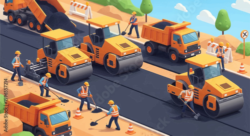 Several construction workers and heavy machinery are paving a new road on a bright, sunny day.