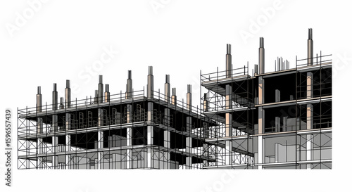 Architectural illustration of a building under construction, showing the skeletal framework and scaffolding against a white background.