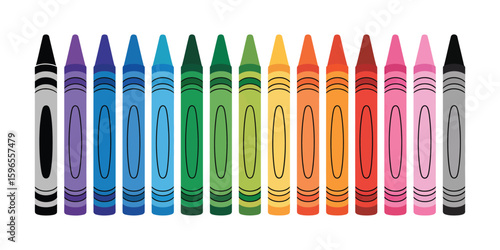 School supply crayon set isolated on white background including black, blue, turquoise, teal, green, yellow, orange, red, pink, purple, brown, and gray crayons