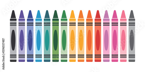 School supply crayon set isolated on white background including black, blue, turquoise, teal, green, yellow, orange, red, pink, purple, brown, and gray crayons