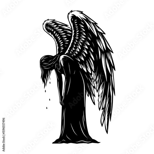 Dark vector illustration of a crying angel with detailed wings and tear drops. Expresses sorrow, grief, or emotional pain in a dramatic and gothic silhouette style