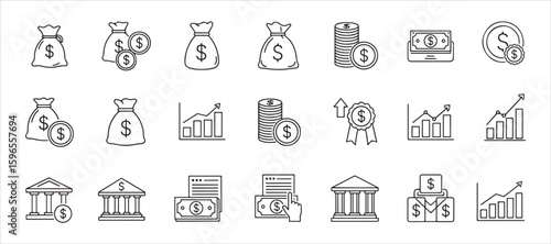 Collection of web icons related to Business and Finance in a line style. Includes money, dollar signs, infographics, and banking elements. Vector illustration.